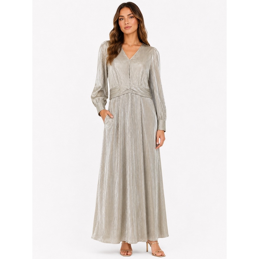 SBetro Maxi Dress Womens Large Gold Metallic Plisse Long Sleeve V-Neck Gown Glam